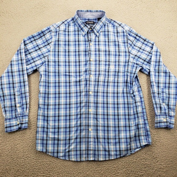 Chaps Shirt‎ Mens Large Blue Plaid Easy Care Button Down Classiccore Preppy - Picture 1 of 12